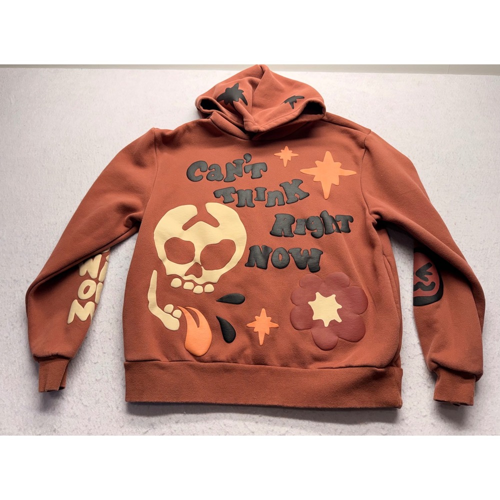 PacSun Mens Cant Think Right Now Puff Print Skull Hoodie Rust Orange Medium